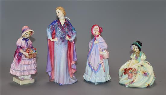 Four Royal Doulton figures: Greta HN1485, Monica HN1458, The Little Mistress HN1449 and Clotilde HN1599